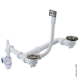 Vidage gain de place évier en grès 2 bacs Ø60 + flexible. FIN DE SERIE