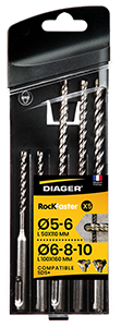 Coffret 5 forets béton RocKFaster  SDS+ L110 Ø5-6 L160 Ø6-8-10 mm
