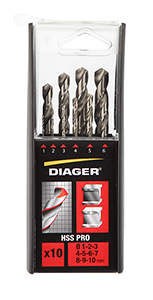 Coffret 10 forets métal HSS Pro Din 338 angle 118° Ø1 à 10 mm