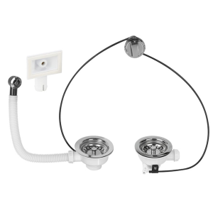 Bonde panier pour évier 2 bacs Ø90mm - avec trop-plein - commande à câble