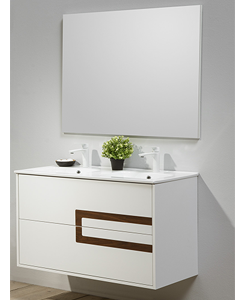 Meuble BERLIN blanc mat 80cm 2 tiroirs, avec insert couleur bois, plan vasque + miroir - 800x460x600 - livré monté