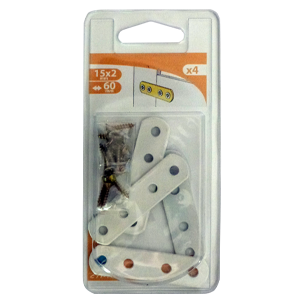Patte d'assemblage acier blanc 60x15 Ep.2mm - 4 pces