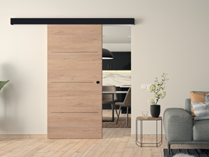 Porte coulissante OSLO chêne clair 2m04x0m83 ép.40mm pour pose en applique + INSERT NOIR