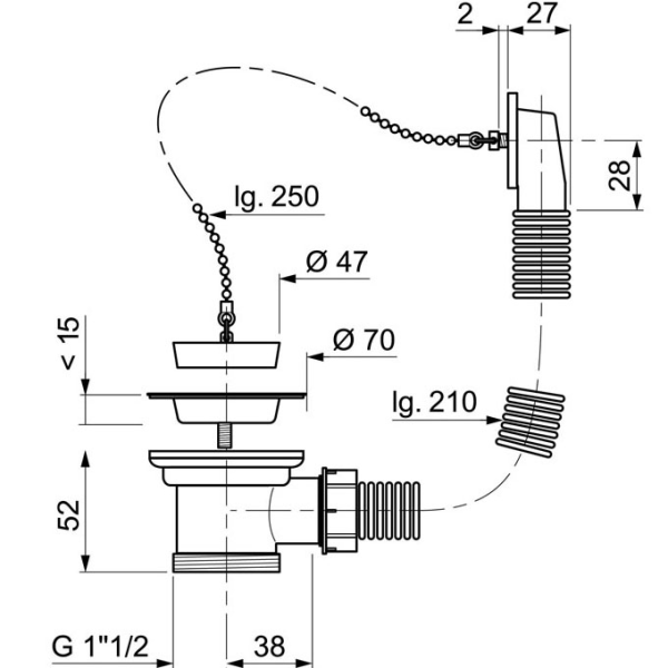 Bonde évier à bouchon Ø50mm - avec trop-plein - Zoom2