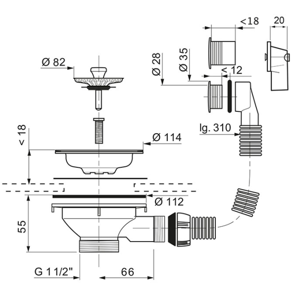 Bonde panier pour évier 1 bac Ø90mm - avec trop-plein - Zoom2