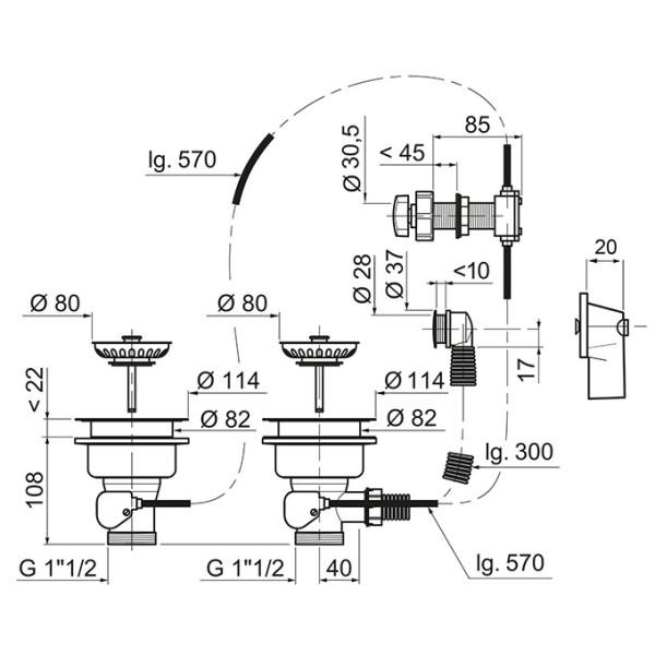 Bonde panier pour évier 2 bacs Ø90mm - avec trop-plein - commande à câble - Zoom2