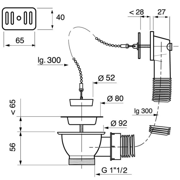 Bonde évier Ø60mm avec bouchon + chainette - avec trop plein - Zoom2