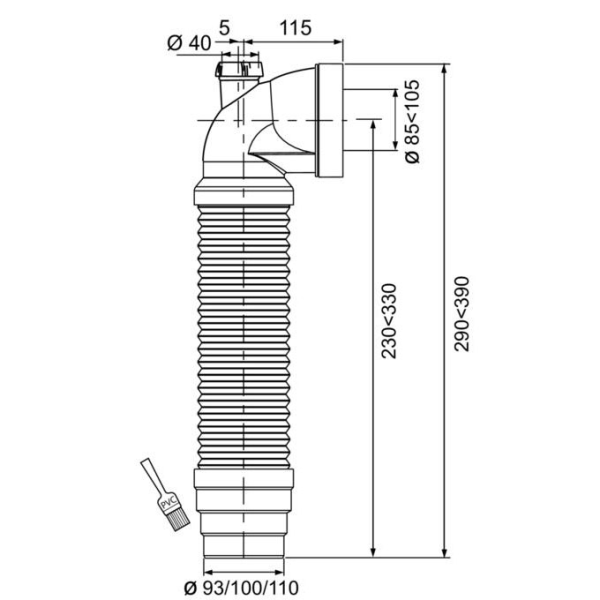 Pipe WC coudée extensible- 230/330mm Armature métallique avec piquage - Zoom2