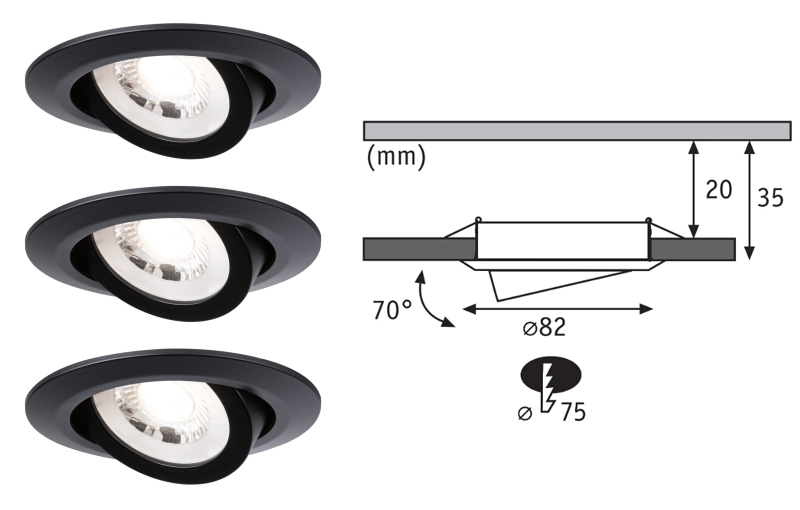 3 spots encastrés LED orientables plastique noir IP20 82mm 3x4,8W 3x450lm 230V 3000K - Zoom2