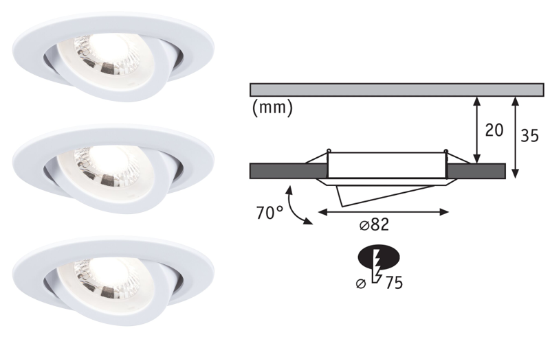 3 spots encastrés LED orientables plastique blanc IP20 82mm 3x4,8W 3x450lm 230V 3000K - Zoom2