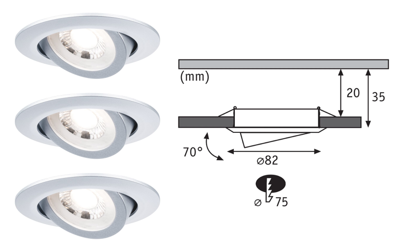 3 spots encastrés LED orient. plastique acier brossé IP20 82mm 3x4,8W 3x450lm 230V 3000K - Zoom2