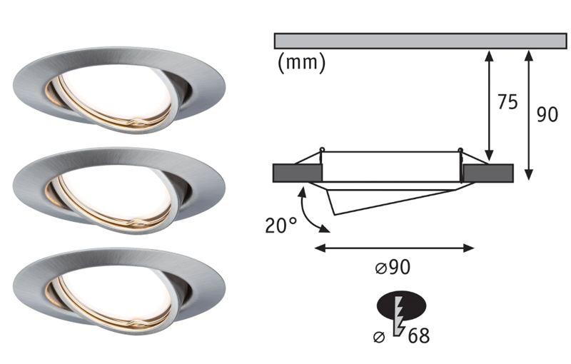 3 spots encastrés LED orientables métal acier brossé IP20 90mm GU10  3x5W 3x350lm 230V 3000K - Zoom2