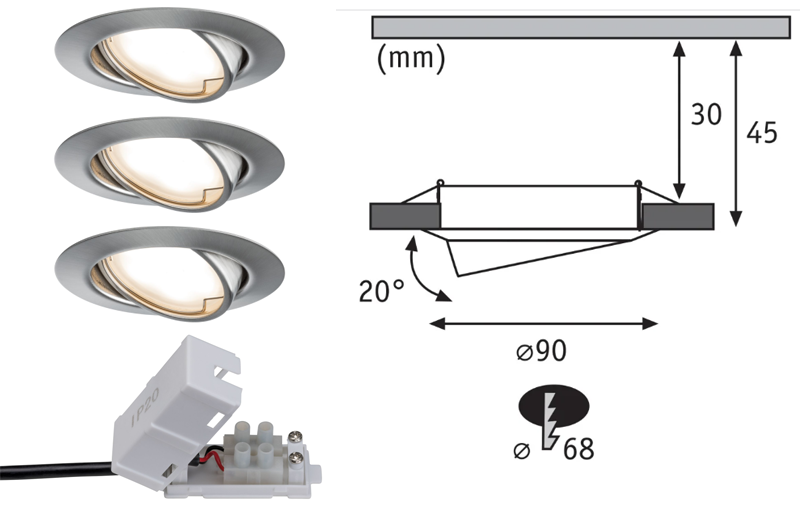 3 spots encastrés LED orientables métal acier brossé IP20 90mm 3x5W 3x370lm 230V 3000K - Zoom2