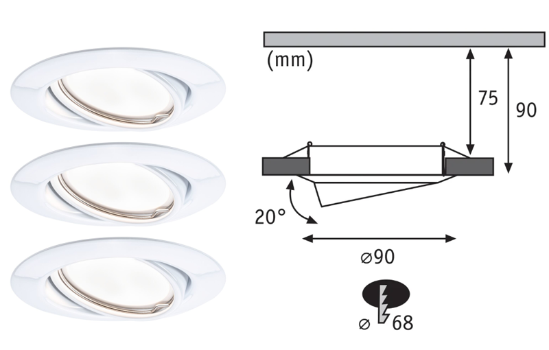 3 spots encastrés LED orientables métal blanc IP20 90mm GU10  3x5W 3x350lm 230V 3000K - Zoom2