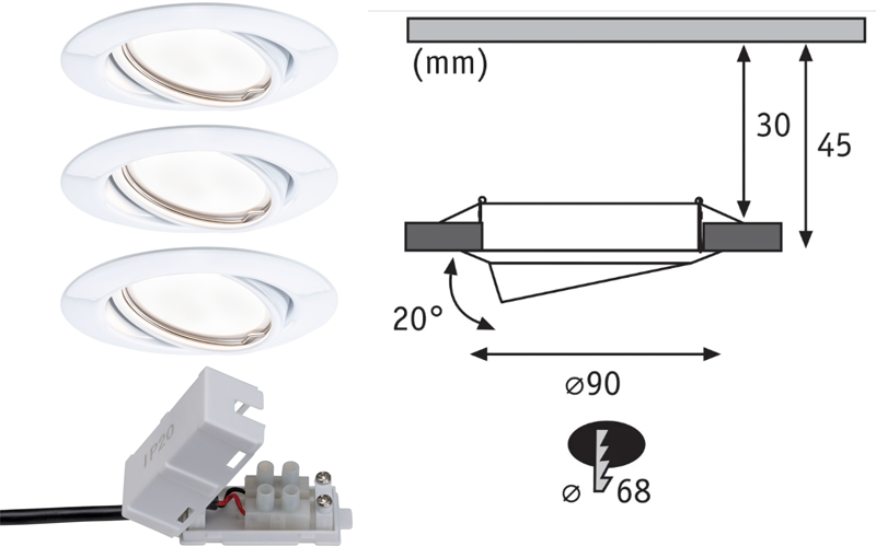 3 spots encastré LED orientables métal blanc IP20 90mm 3x5W 3x370lm 230V 3000K - Zoom2