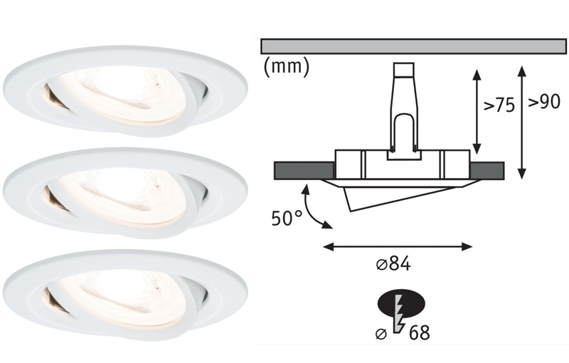 3 spots encastrés LED orientables NOVA alu blanc IP20 84mm GU10 3x6,5W 3x460lm 230V 2700K - Zoom2