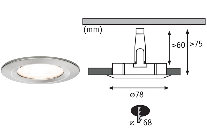 Spot encastré LED fixe NOVA alu acier brossé IP44 78mm GU10 6,5W 460lm 230V 2700K - Zoom2