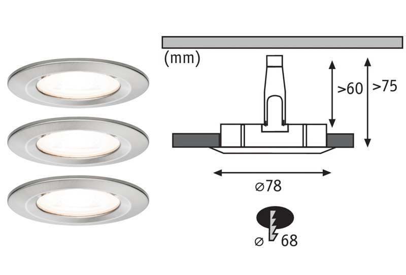 3 spots encastrés LED fixes NOVA alu acier brossé IP44 78mm GU10 3x6,5W 3x460lm 230V 2700K - Zoom2