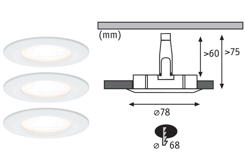 3 spots encastrés LED fixes NOVA alu blanc IP44 78mm GU10 3x6,5W 3x460lm 230V 2700K - Zoom2