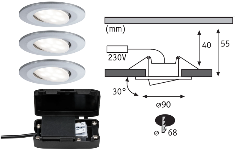 3 spots encastrés LED orientables CALLA chromé IP65 90mm 3x6W 3x530lm 230V 4000K - Zoom2