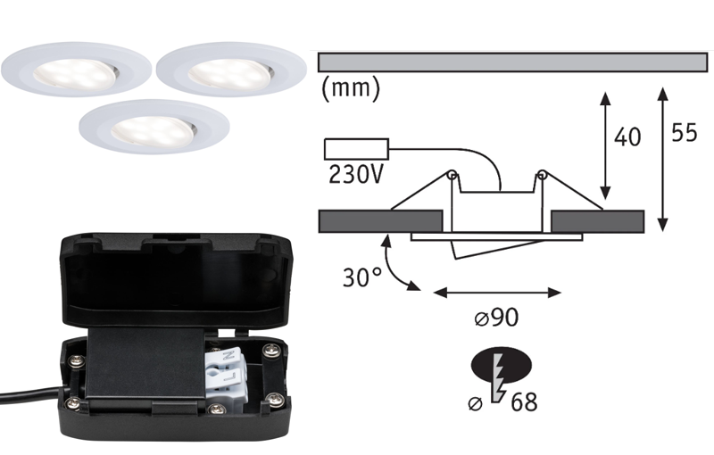 3 spots encastrés LED orientables CALLA plastique blanc IP65 90mm 3x5W 3x400lm 230V 3000K - Zoom2