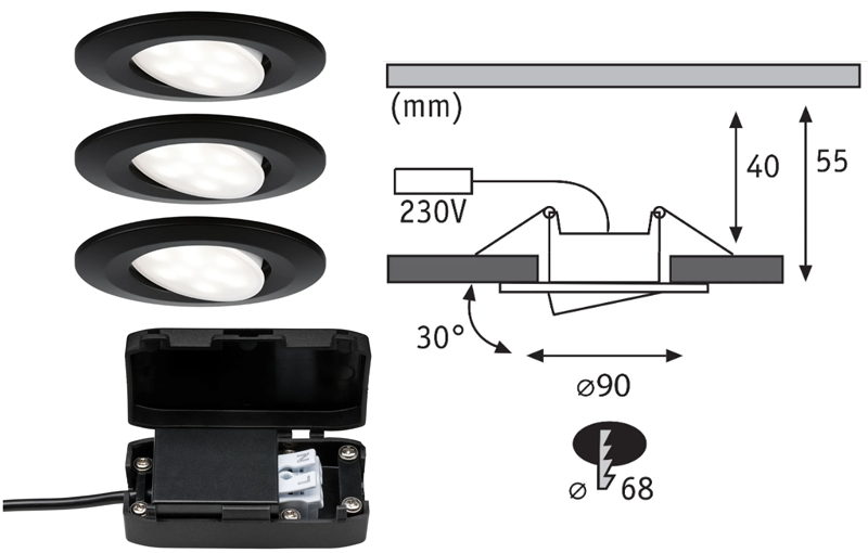 3 spots encastrés LED orientables CALLA plastique noir IP65 90mm 3x6W 3x530lm 230V 4000K - Zoom2