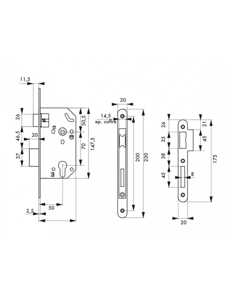Boitier serrure à encastrer MONOMAX NF axe 50mm têtière inox FDS - Zoom2