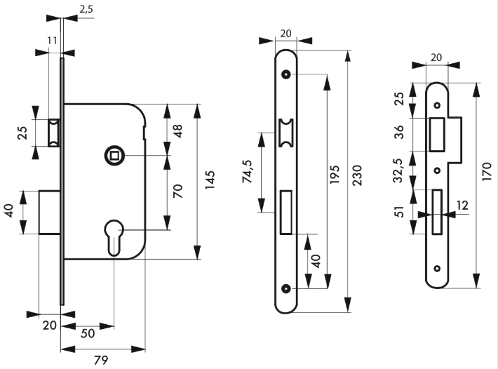 Boitier serrure pour cylindre 2 tours axe 50mm - Zoom2