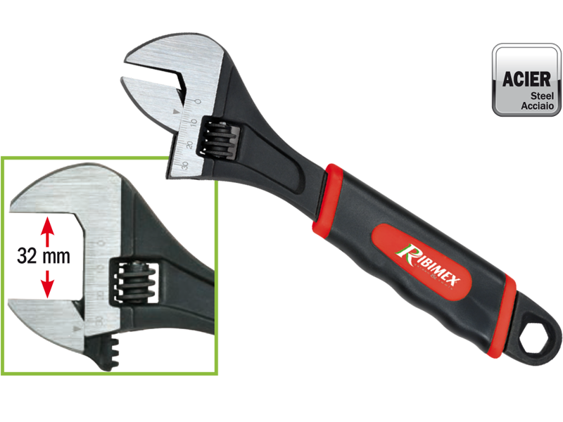 Clé à molette 250mm - Ouverture 32mm chrome vanadium - Poignée gainée - Zoom2