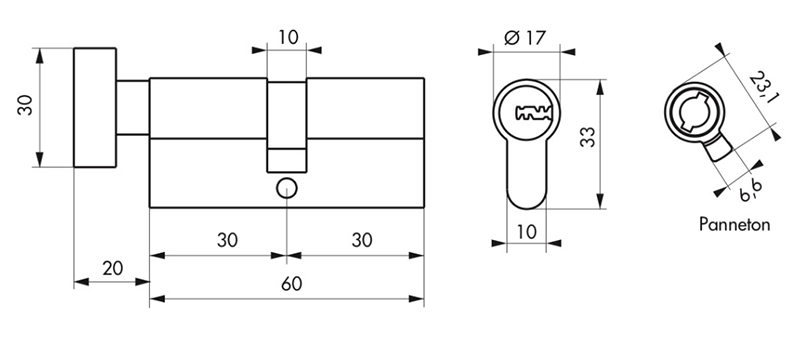 Cylindre à bouton TRANSIT 2 nickelé 30x30mm - 5 clés - Zoom2