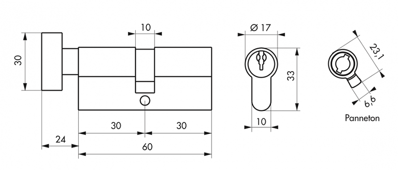 Cylindre STD nickelé 30x30mm à bouton - 3 clés - Zoom2