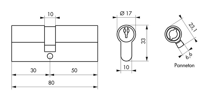 Cylindre STD nickelé 30x50mm - 3 clés - Zoom2