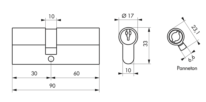 Cylindre STD nickelé 30x60mm - 3 clés - Zoom2