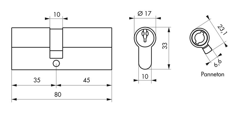 Cylindre STD nickelé 35x45mm - 3 clés - Zoom2