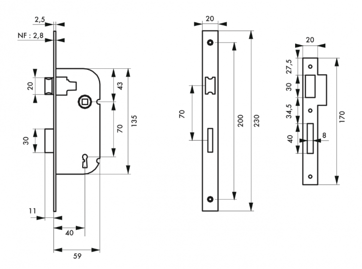 Serrure à encastrer pêne dormant 1/2 tour axe 40mm 1 clé - Zoom2