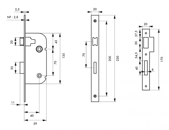 Serrure à encastrer condamnation axe 40mm - Zoom2