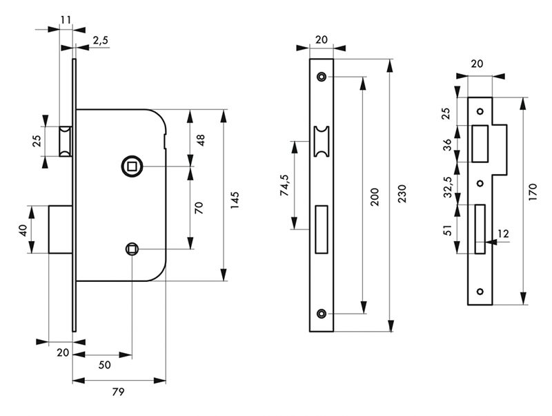 Serrure à encastrer condamnation axe 50mm - Zoom2