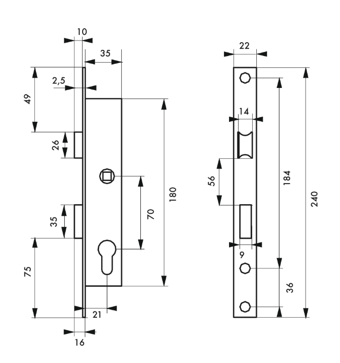 Boitier serrure à cylindre axe 22 L40 entraxe 70mm - Zoom2