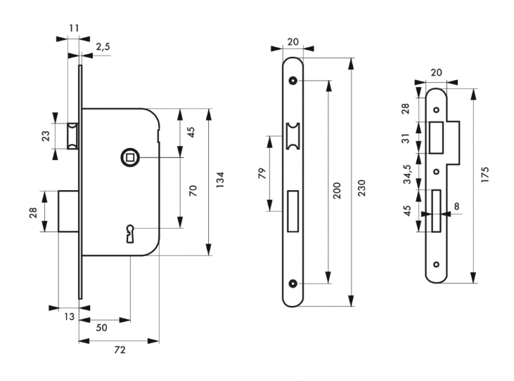 Serrure à encastrer pêne dormant 1/2 tour - axe 50mm - ép: 10mm - Zoom2