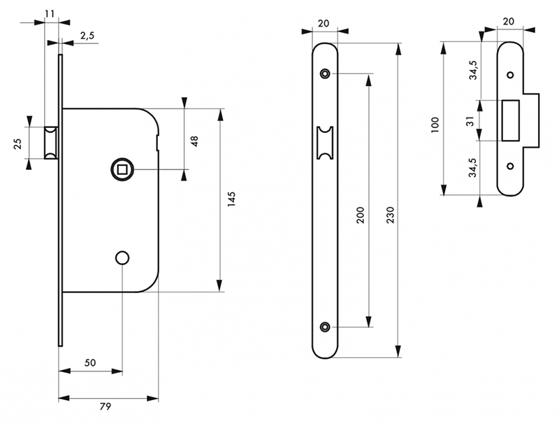 Serrure à encastrer bec de cane axe 50mm époxy noir - Zoom2