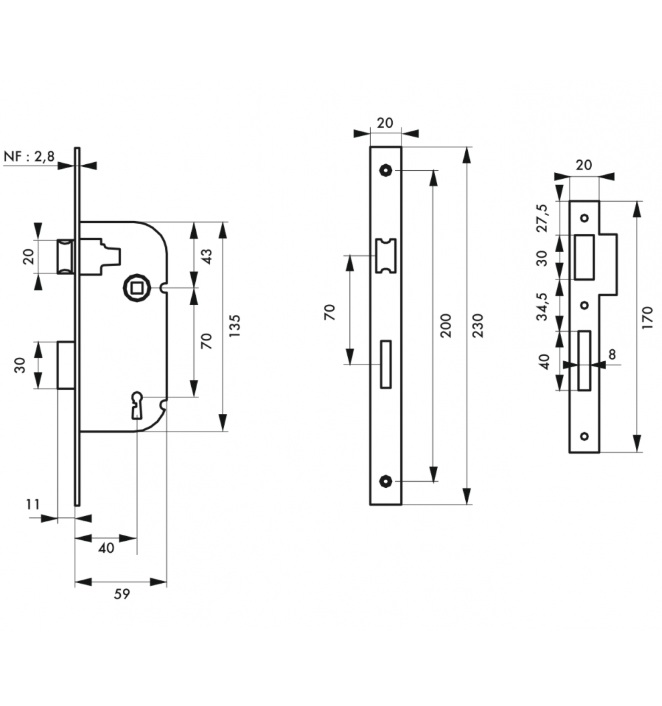 Serrure à encastrer NF pêne dormant 1/2 tour axe 40mm 1 clé - Zoom2