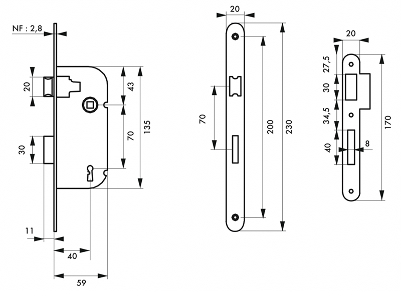 Serrure à encastrer NF pêne dormant 1/2 tour axe 40mm blanc - 1 clé - Zoom2