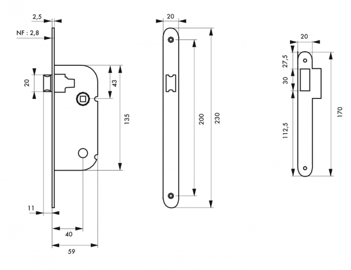Serrure à encastrer axe 40mm NF bec de cane reversible - blanc - Zoom2