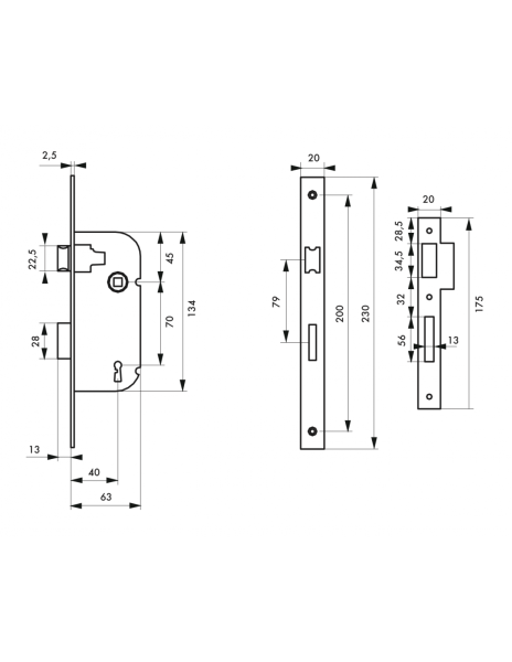 Serrure à encastrer pêne dormant 1/2 tour axe 40mm 1 clé - Zoom2