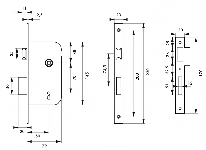Serrure à encastrer pêne dormant 1/2 tour - axe 50mm - ép.11mm - Zoom2