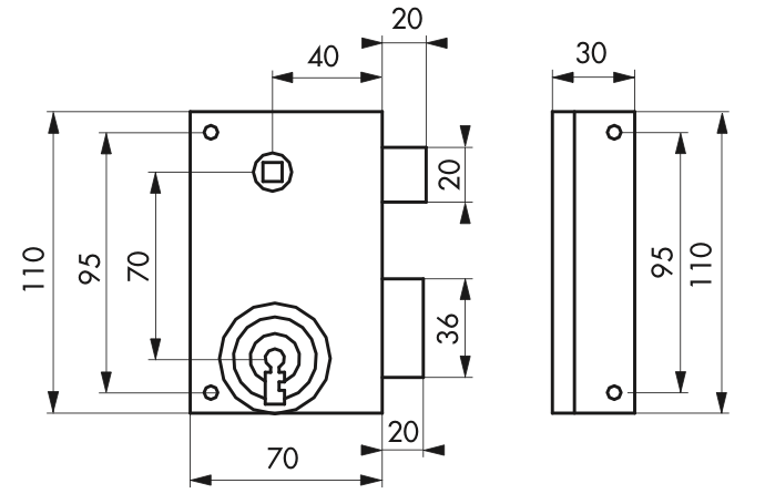 Serrure de grille/portail pêne dormant 1/2 tour droite 70x110mm - Zoom2