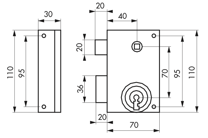 Serrure de grille/portail pêne dormant 1/2 tour gauche 70x110mm - Zoom2