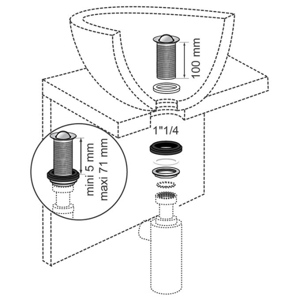 Bonde lavabo laiton clapet rotatif - sans trop plein H.100mm - Zoom3