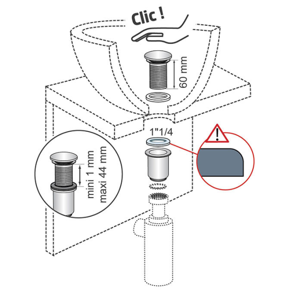 Bonde lavabo QUICK CLAC laiton chrome sans trop-plein - avec corps de bonde - Zoom3