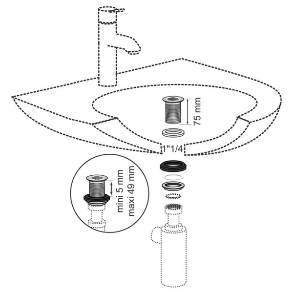 Bonde lavabo écoulement libre grille incurvée - sans trop plein H.75mm - Zoom3